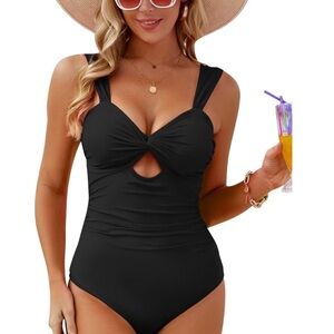 NEW Women One Piece Tummy Control Swimsuit High Waisted - Black - XL